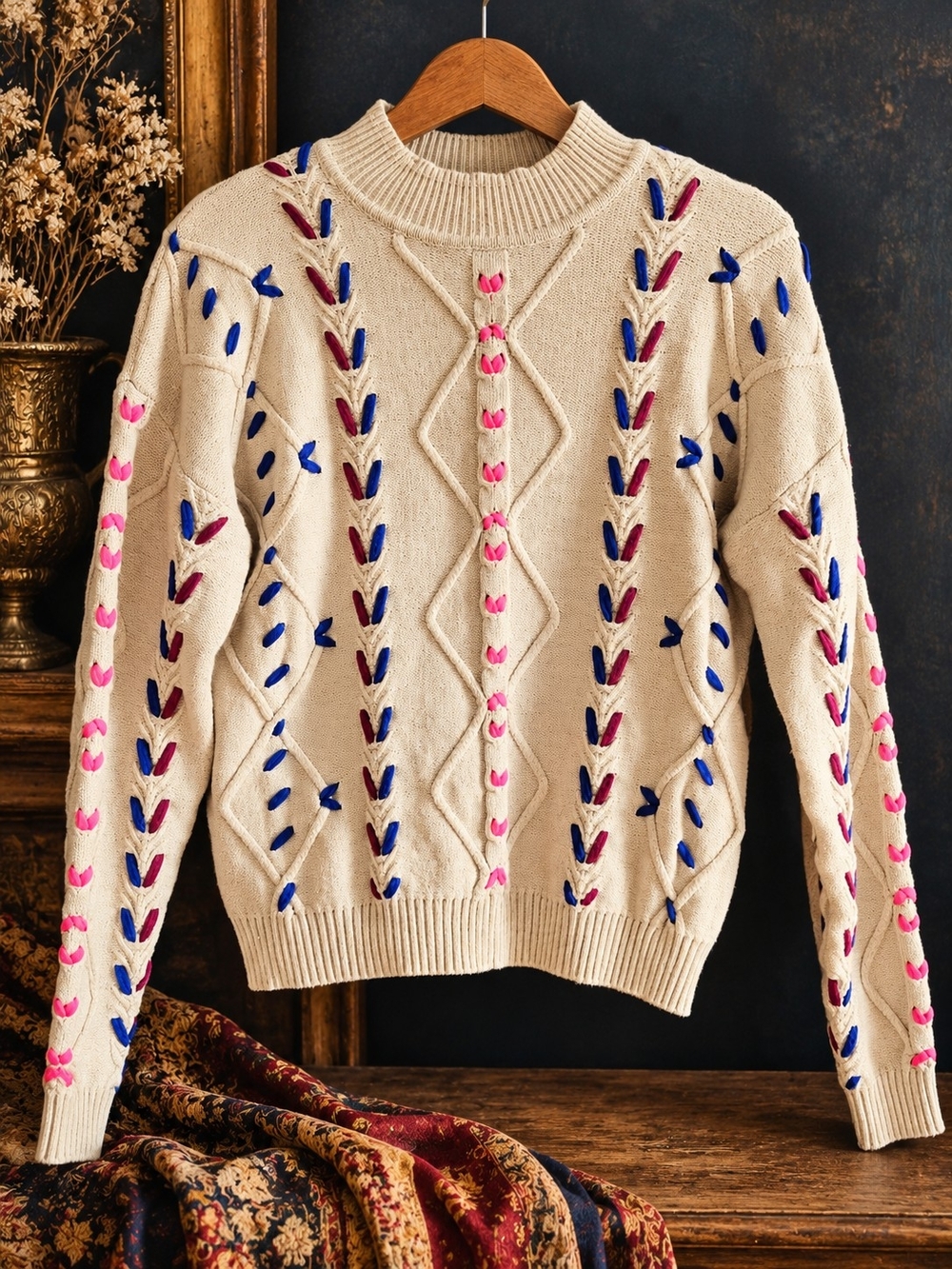 Cream Cable Knit Sweater with Pink & Blue Accents - Women's Sweaters